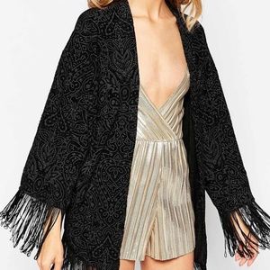 OH MY LOVE Fringed Kimono In Burnout Velvet Black